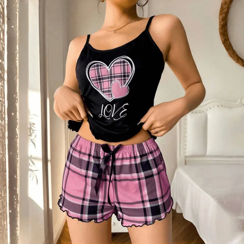 Women Sexy Suspender Shorts Thin Pajamas Letter Print Plaid Shorts Large Pajamas Romantic Home Wear Sexy Nightwear Short Pajama - Image 3