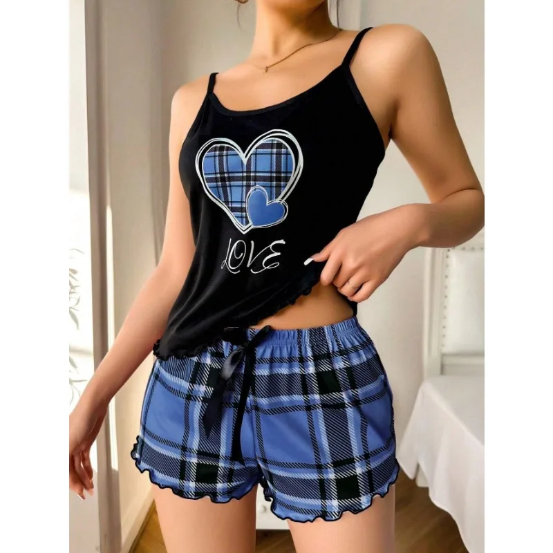 Women Sexy Suspender Shorts Thin Pajamas Letter Print Plaid Shorts Large Pajamas Romantic Home Wear Sexy Nightwear Short Pajama - Image 5