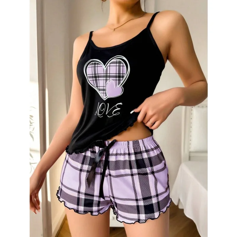 Women Sexy Suspender Shorts Thin Pajamas Letter Print Plaid Shorts Large Pajamas Romantic Home Wear Sexy Nightwear Short Pajama - Image 6