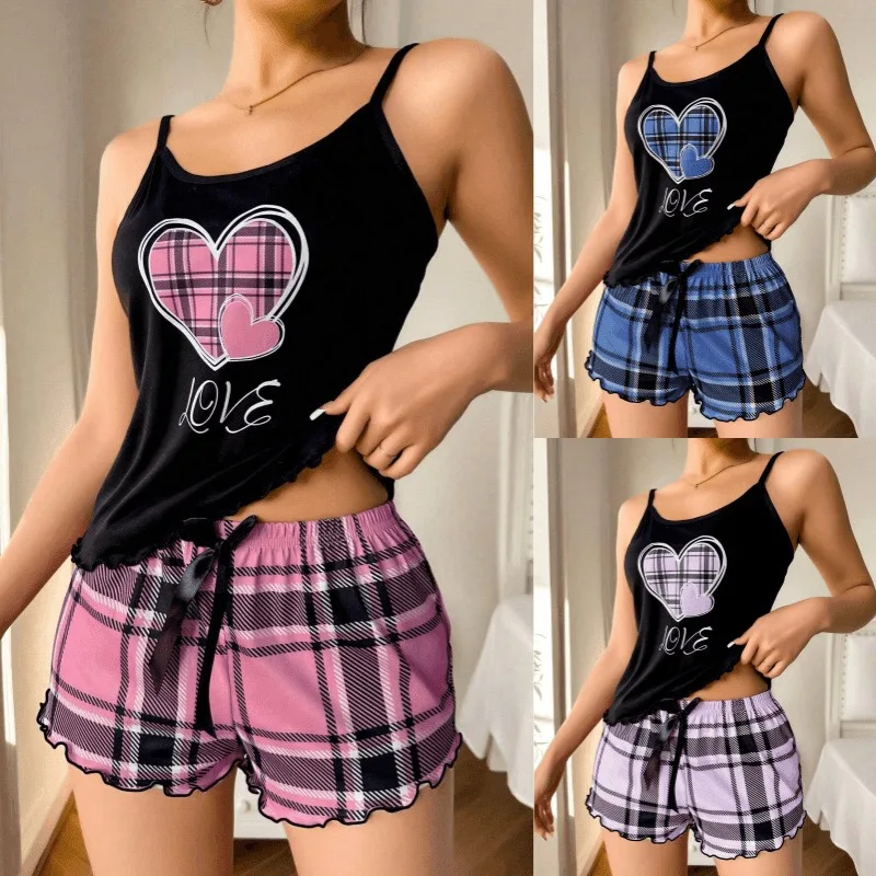Women Sexy Suspender Shorts Thin Pajamas Letter Print Plaid Shorts Large Pajamas Romantic Home Wear Sexy Nightwear Short Pajama