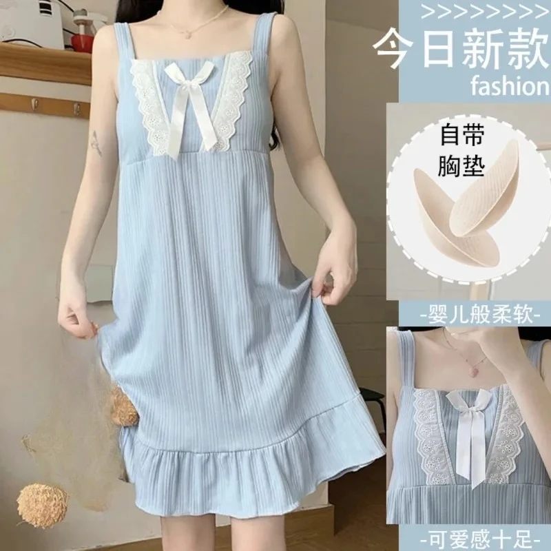 Women Summer Camisole Nightgown Chest Pad Pajamas Female Student Girl Medium-Length Sleeveless Lady Pajamas Lotus Lace Homewear - Image 2