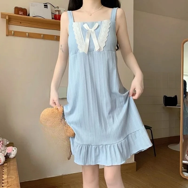 Women Summer Camisole Nightgown Chest Pad Pajamas Female Student Girl Medium-Length Sleeveless Lady Pajamas Lotus Lace Homewear - Image 4