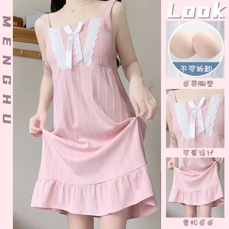 Women Summer Camisole Nightgown Chest Pad Pajamas Female Student Girl Medium-Length Sleeveless Lady Pajamas Lotus Lace Homewear - Image 3