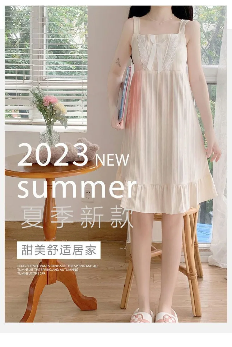 Women Summer Camisole Nightgown Chest Pad Pajamas Female Student Girl Medium-Length Sleeveless Lady Pajamas Lotus Lace Homewear - Image 5