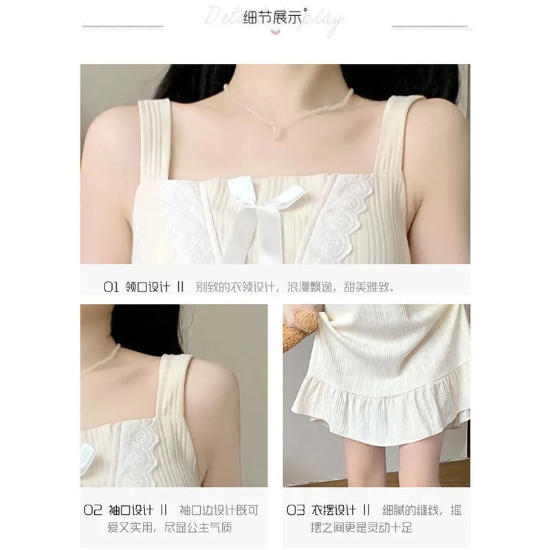 Women Summer Camisole Nightgown Chest Pad Pajamas Female Student Girl Medium-Length Sleeveless Lady Pajamas Lotus Lace Homewear - Image 6