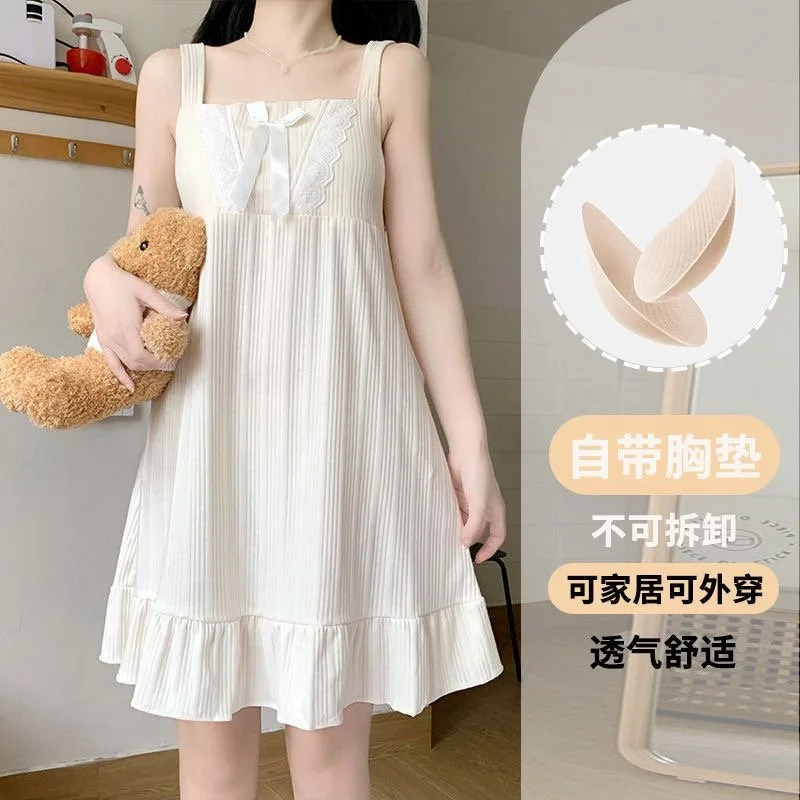 Women Summer Camisole Nightgown Chest Pad Pajamas Female Student Girl Medium-Length Sleeveless Lady Pajamas Lotus Lace Homewear