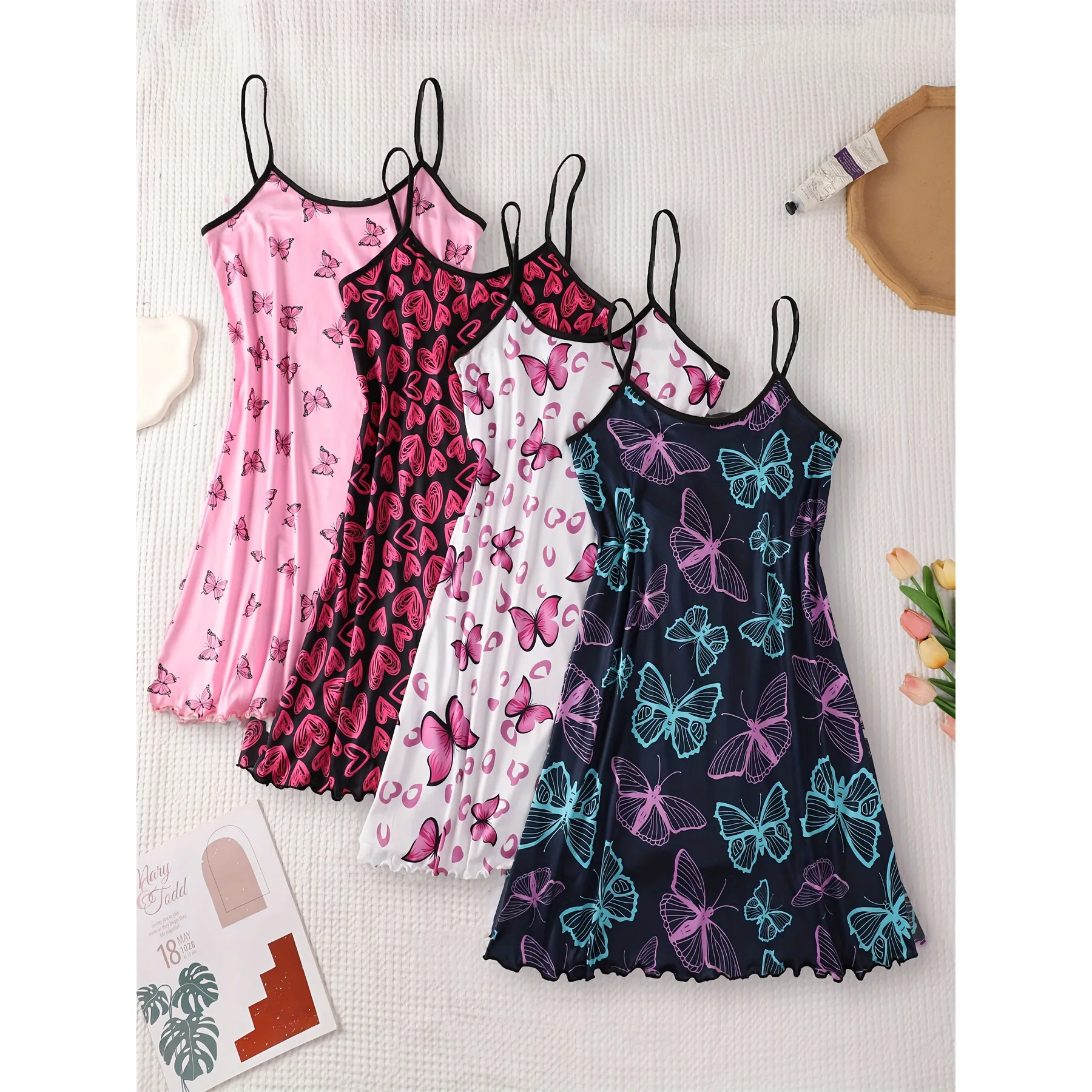 Women Sweet and Cute Butterfly Print Straps Pajama Sleepwear Loungewear Soft Cotton Homewear Summer Nightwear - Image 2