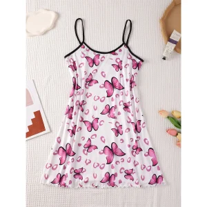 Women Sweet and Cute Butterfly Print Straps Pajama Sleepwear Loungewear Soft Cotton Homewear Summer Nightwear