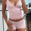 Women Two-pieces Pajamas Set Pink Floral Lace Patchwork Sleepwear Sleeveless Camisoles and Slim Cute Shorts Loungewear
