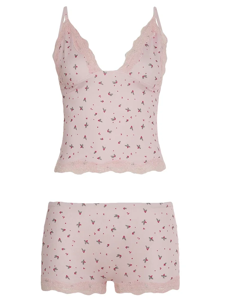 Women Two-pieces Pajamas Set Pink Floral Lace Patchwork Sleepwear Sleeveless Camisoles and Slim Cute Shorts Loungewear - Image 5
