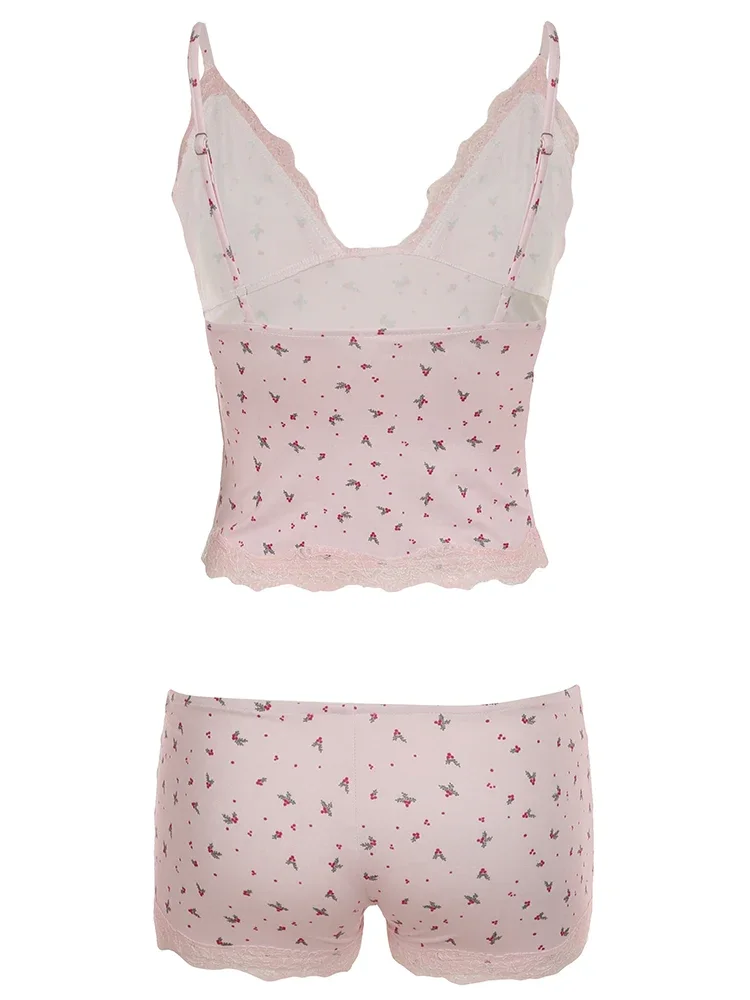 Women Two-pieces Pajamas Set Pink Floral Lace Patchwork Sleepwear Sleeveless Camisoles and Slim Cute Shorts Loungewear - Image 6