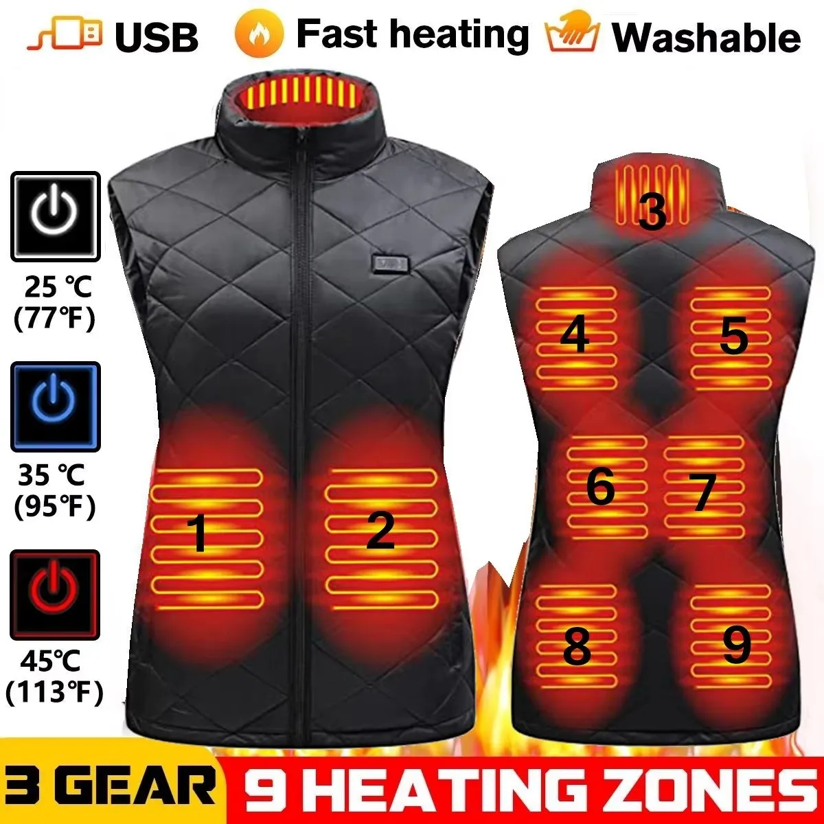 Women USB Infrared Electric 9-zone Heating Vest Flexible Thermal Cotton Jacket Warm Autumn Winter Coat for Ladies