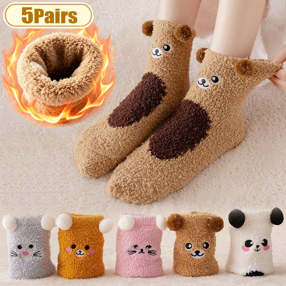 Women Winter Warm Fluffy Socks Home Floor Sleep Kawaii Panda Bear Cat Mouse Cute Cartoon Animal Thick Fleece Fuzzy Sock Japanese