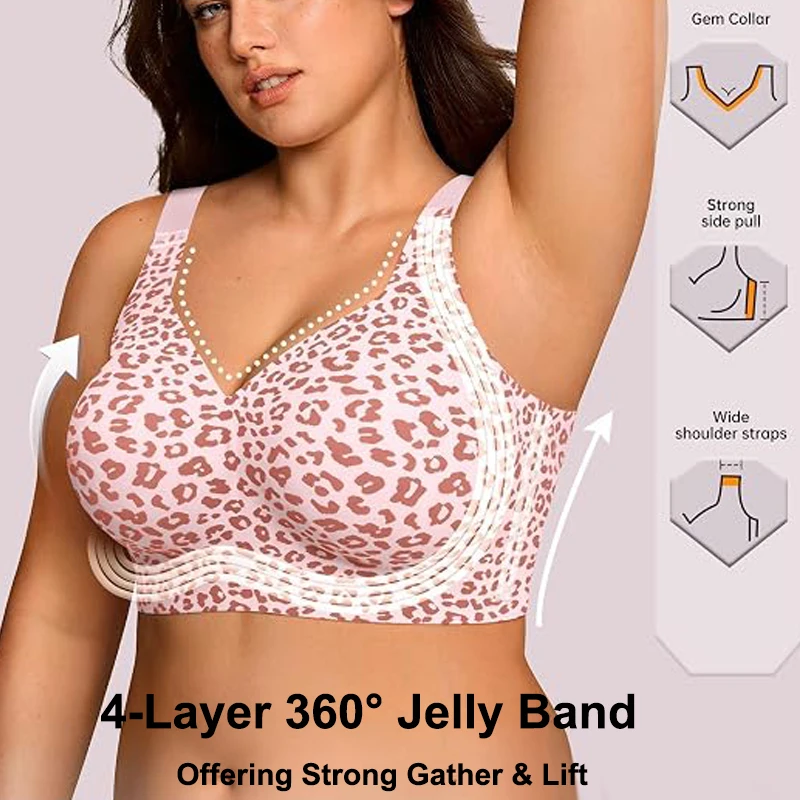 Women Wireless Jelly Leopard Bra Plus Size Supportive Seamless Bras Full Coverage Push Up Comfortable No Underwire T-shirt Bras