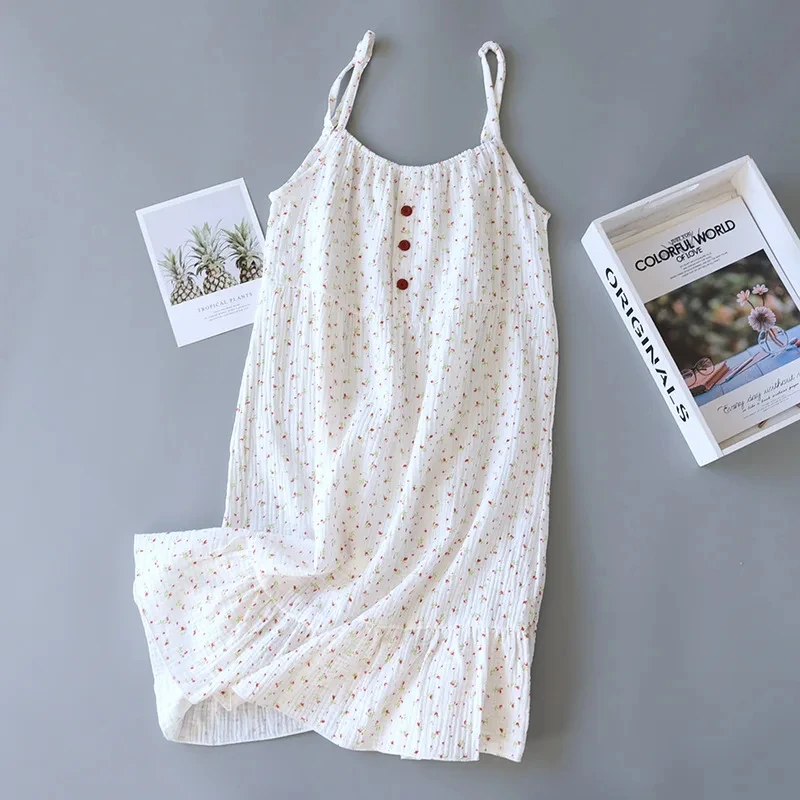 Women's 100% Cotton Crepe Gauze Nightgown Floral Sleeveless Spaghetti Strap Knee-Length Summer Home Sleep Dress M-XL