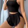 Women’s 2 Piece Solid Color Pajama Set, Square Neck Crop Cami Top and Ruffle Trim Split Shorts, Ribbed Sleepwear Loungewear