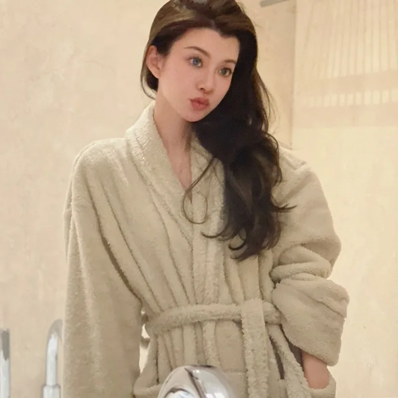 Women's Bathrobe for Autumn and Winter, High-End French Style, Wearable Flannel Robe, Simple Korean Long Pajama Dress - Image 5