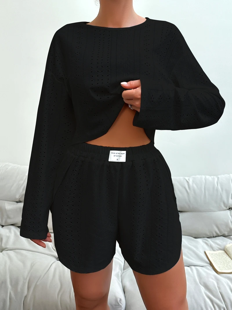 Women's Chic Pajama Set Hollow-Out Long-Sleeve Crop Top And High Split Shorts Breathable Homewear Loungewear Fit Daily Wear Pjs - Image 4