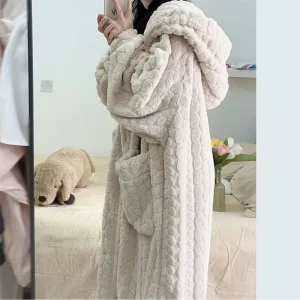 Women's Flannel Coral Fleece Long Hooded Nightgown Warm Plush Loungewear with Pockets Casual Home Sleepwear for Autumn Winter