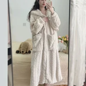Women's Flannel Coral Fleece Long Hooded Nightgown Warm Plush Loungewear with Pockets Casual Home Sleepwear for Autumn Winter