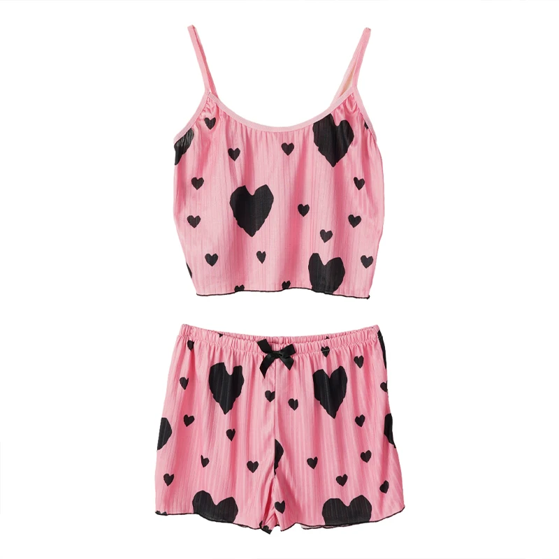 Women's Heart Print Pajama Set Sweet Sexy Suspender Top Shorts Casual Home Sleepwear Set Comfortable Cotton Loungewear - Image 2
