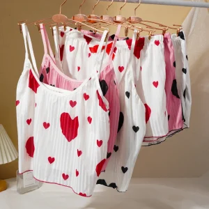 Women's Heart Print Pajama Set Sweet Sexy Suspender Top Shorts Casual Home Sleepwear Set Comfortable Cotton Loungewear