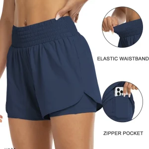 Women's High-Waisted 2-in-1 Quick-Dry Shorts with Zipper Pocket Elastic Waist for Workout Running Gym Yoga Fitness Sportswear