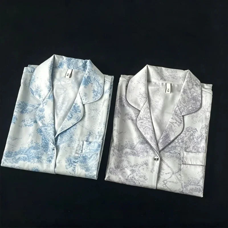 Women's Home Clothes Lapel Button Cardigan 2 Piece Outfit Set Women Printing Pajamas for Women Autumn Winter New Ice Silk - Image 2