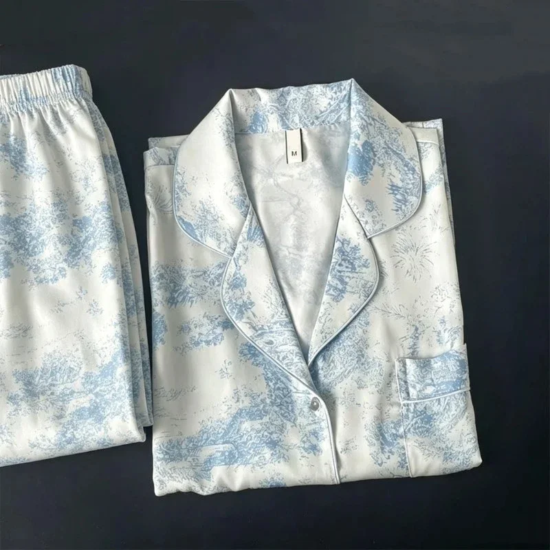 Women's Home Clothes Lapel Button Cardigan 2 Piece Outfit Set Women Printing Pajamas for Women Autumn Winter New Ice Silk - Image 4