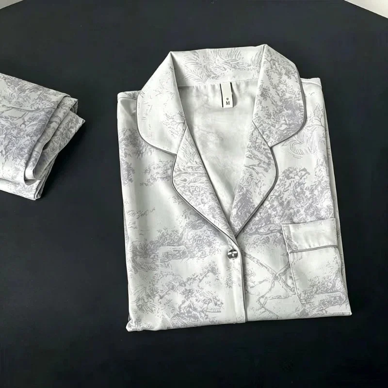 Women's Home Clothes Lapel Button Cardigan 2 Piece Outfit Set Women Printing Pajamas for Women Autumn Winter New Ice Silk - Image 3