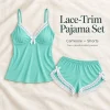 Women's Lace Trim Camisole Shorts Pajama Set, V Neck Bow Detail Sleeveless Two Piece Sleepwear in Solid and Printed Colors