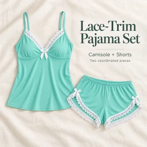 Women's Lace Trim Camisole Shorts Pajama Set, V Neck Bow Detail Sleeveless Two Piece Sleepwear in Solid and Printed Colors