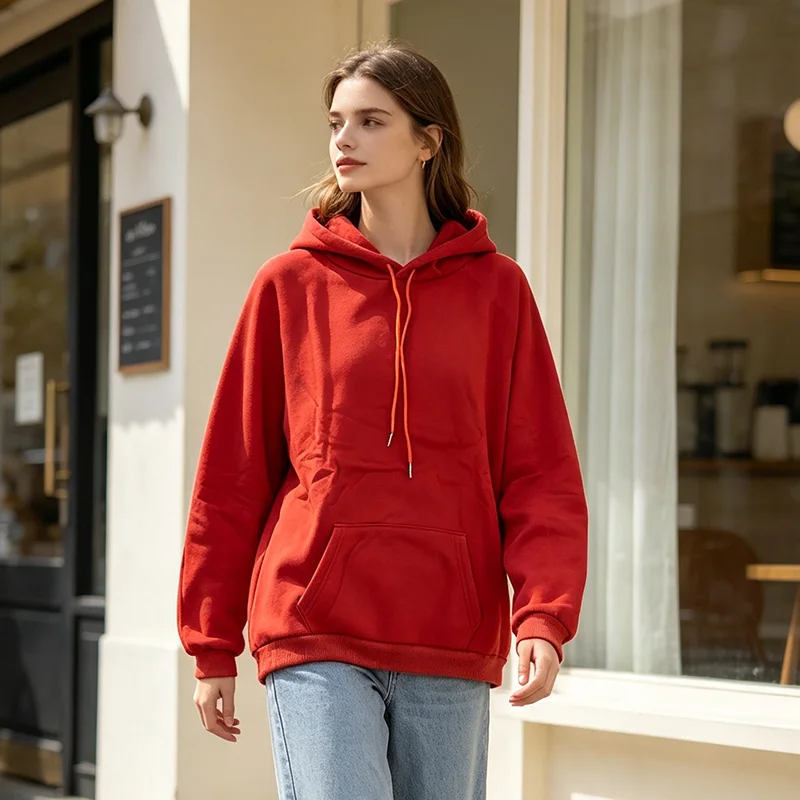 Women's Loose Red Pullover Hooded Sweatshirt With Long Sleeves And Drawstring Casual And Versatile Sportswear Hoodie Autumn