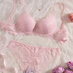 Women's Sexy Lingerie Set Lace Patchwork Solid Color Bowknot Rhinestone Embellished Push-Up Double Shoulder Strap Unlined Comfortable Underwear, Lace Semi-Transparent Breathable Panties