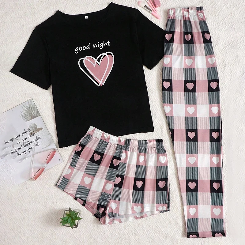 Women's Short Sleeve Crew Neck Top With Shorts And Pants 3 Piece Loungewear Sleepwear Lounge Sets Nighty Print Casual Pajama Set - Image 5