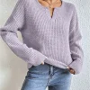 Womens Solid Waffle Knit Pullover Notched V Neck Long Sleeve Drop Shoulder Loose Sweater Casual Autumn Winter Basic Knit Tops