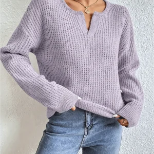 Womens Solid Waffle Knit Pullover Notched V Neck Long Sleeve Drop Shoulder Loose Sweater Casual Autumn Winter Basic Knit Tops