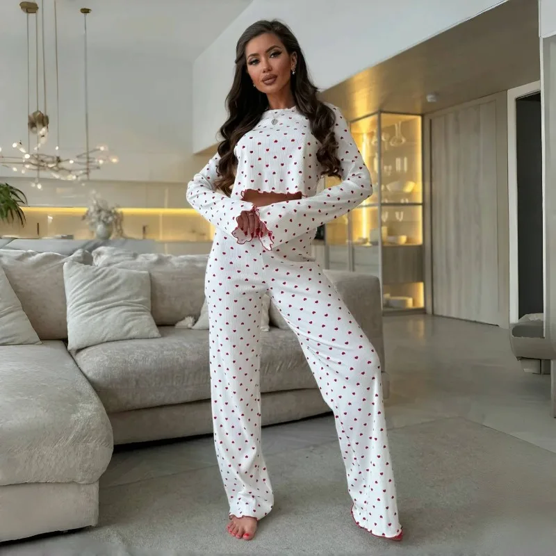 Women's Spring/Fall Pajamas: Bell-Sleeve Printed Cuffed Long-Sleeve Top and Long Pants Loungewear Winter Women's Two-Piece Set - Image 2