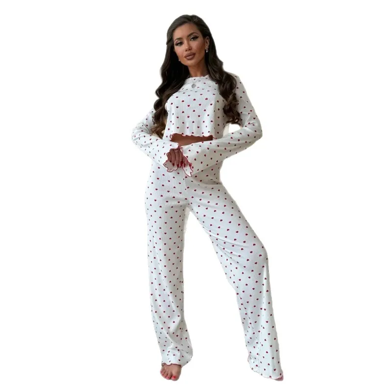 Women's Spring/Fall Pajamas: Bell-Sleeve Printed Cuffed Long-Sleeve Top and Long Pants Loungewear Winter Women's Two-Piece Set - Image 5