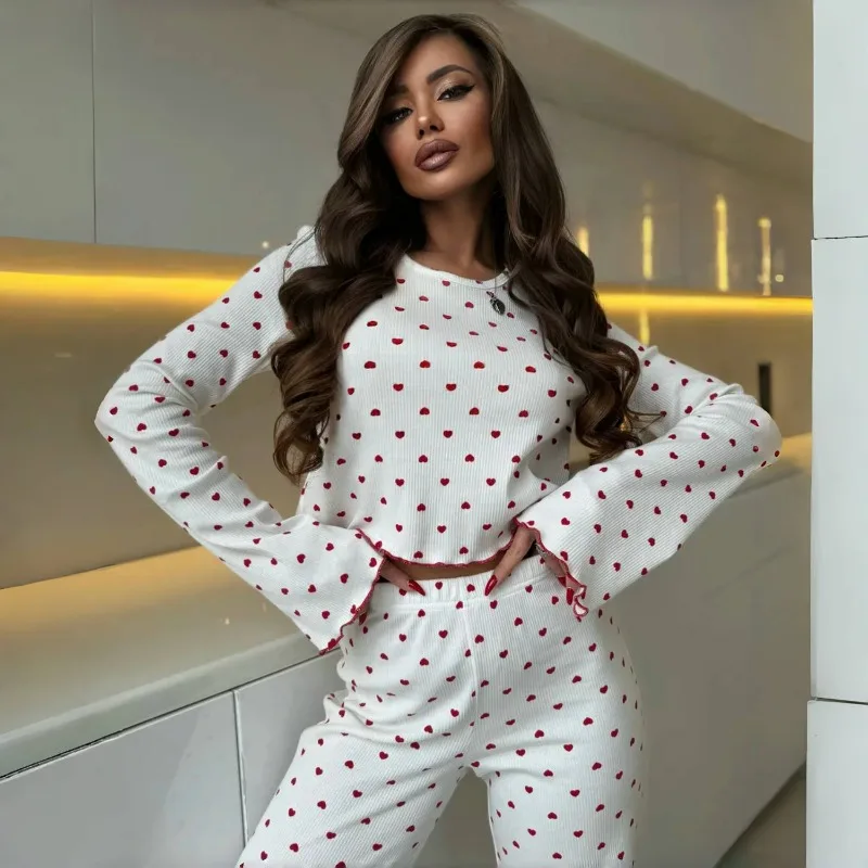 Women's Spring/Fall Pajamas: Bell-Sleeve Printed Cuffed Long-Sleeve Top and Long Pants Loungewear Winter Women's Two-Piece Set - Image 3
