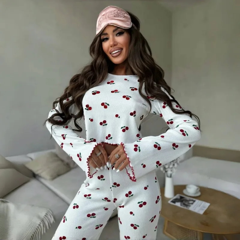 Women's Spring/Fall Pajamas: Bell-Sleeve Printed Cuffed Long-Sleeve Top and Long Pants Loungewear Winter Women's Two-Piece Set