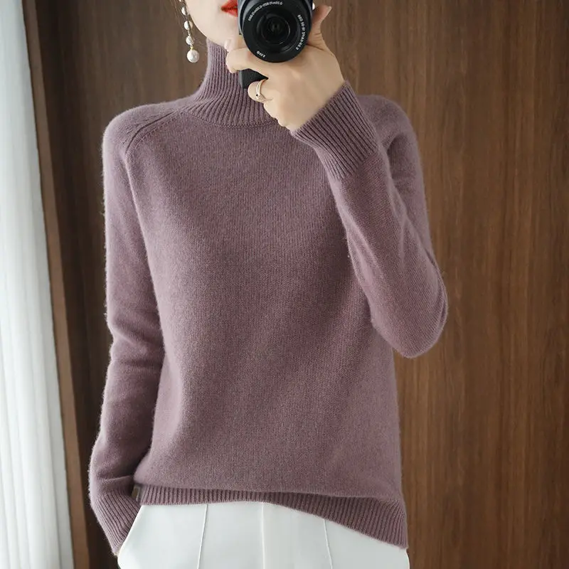 Women's Turtleneck Cashmere Sweater, Casual Loose Pullover, Long-sleeved, Hedging Base, Monochromatic, Fall, Winter, 2023 - Image 2
