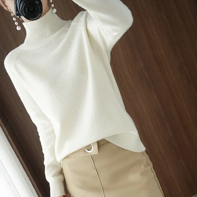 Women's Turtleneck Cashmere Sweater, Casual Loose Pullover, Long-sleeved, Hedging Base, Monochromatic, Fall, Winter, 2023 - Image 3