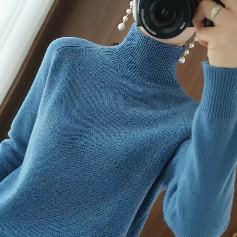Women's Turtleneck Cashmere Sweater, Casual Loose Pullover, Long-sleeved, Hedging Base, Monochromatic, Fall, Winter, 2023 - Image 4