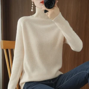 Women's Turtleneck Cashmere Sweater, Casual Loose Pullover, Long-sleeved, Hedging Base, Monochromatic, Fall, Winter, 2023