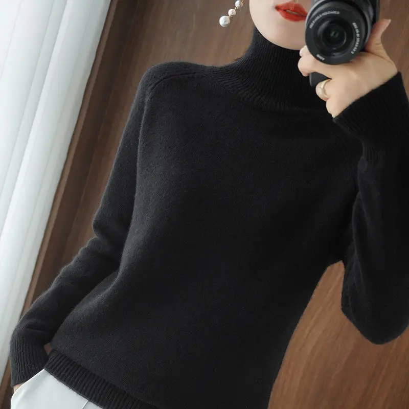 Women's Turtleneck Cashmere Sweater, Casual Loose Pullover, Long-sleeved, Hedging Base, Monochromatic, Fall, Winter, 2023 - Image 5