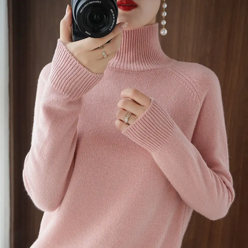 Women's Turtleneck Cashmere Sweater, Casual Loose Pullover, Long-sleeved, Hedging Base, Monochromatic, Fall, Winter, 2023 - Image 6
