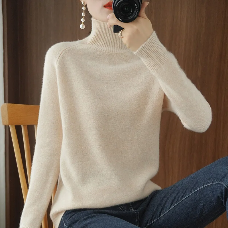 Women's Turtleneck Cashmere Sweater, Casual Loose Pullover, Long-sleeved, Hedging Base, Monochromatic, Fall, Winter, 2023
