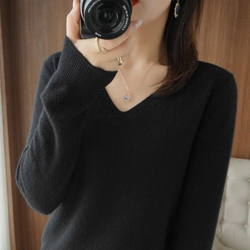 Women's Warm V-neck Pullover, Knitted Sweater, Korean Fashion, Long-sleeved, Loose Thin Inner Top, Autumn and Winter, New - Image 2