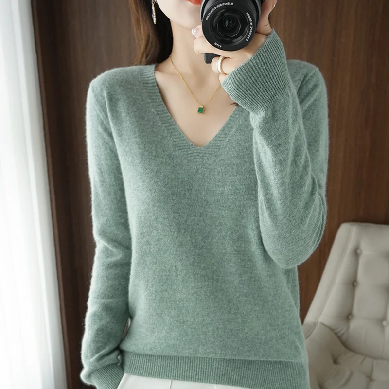 Women's Warm V-neck Pullover, Knitted Sweater, Korean Fashion, Long-sleeved, Loose Thin Inner Top, Autumn and Winter, New - Image 3